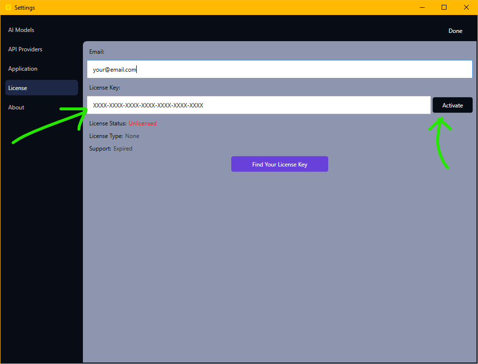 The License panel in the Settings window